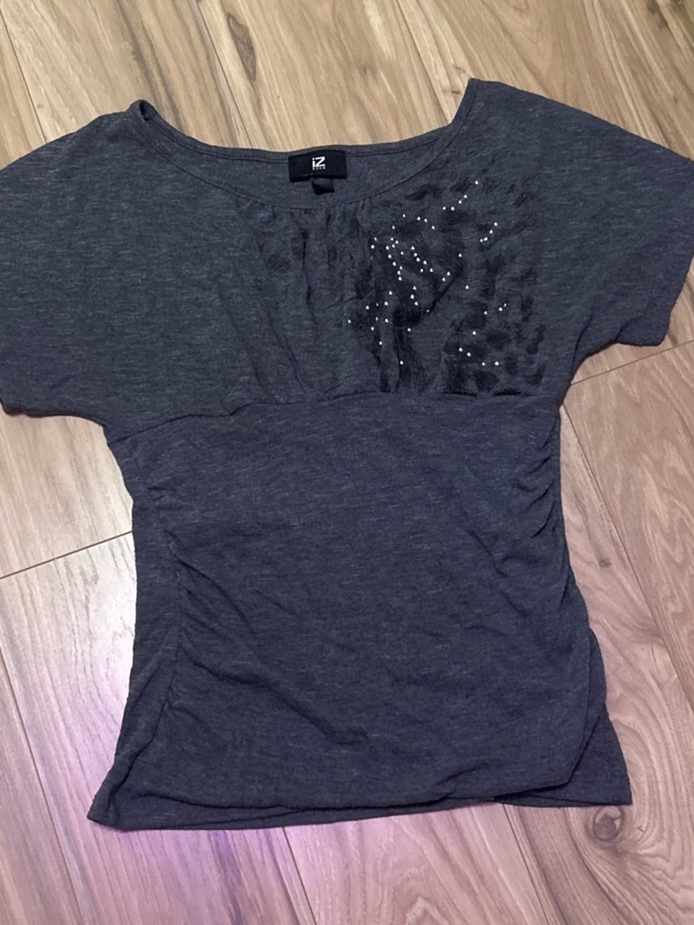 Iz Byer Charcoal Short Sleeve Top with Front Embellishment